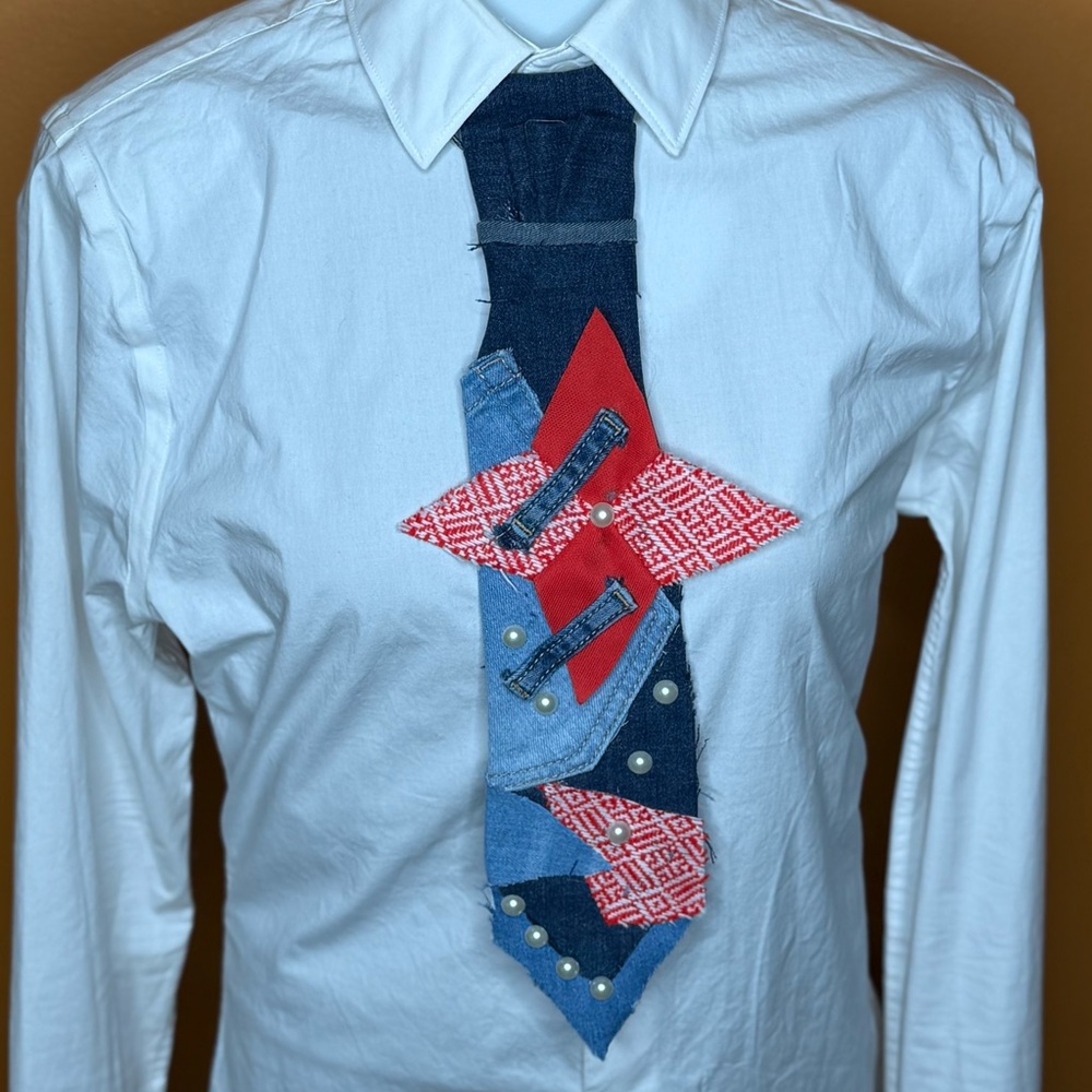Denim Patchwork Belt with Red Accents Tie Handmade